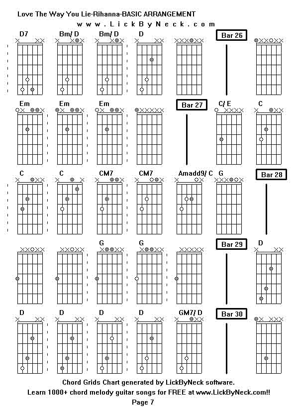 Chord Grids Chart of chord melody fingerstyle guitar song-Love The Way You Lie-Rihanna-BASIC ARRANGEMENT,generated by LickByNeck software.